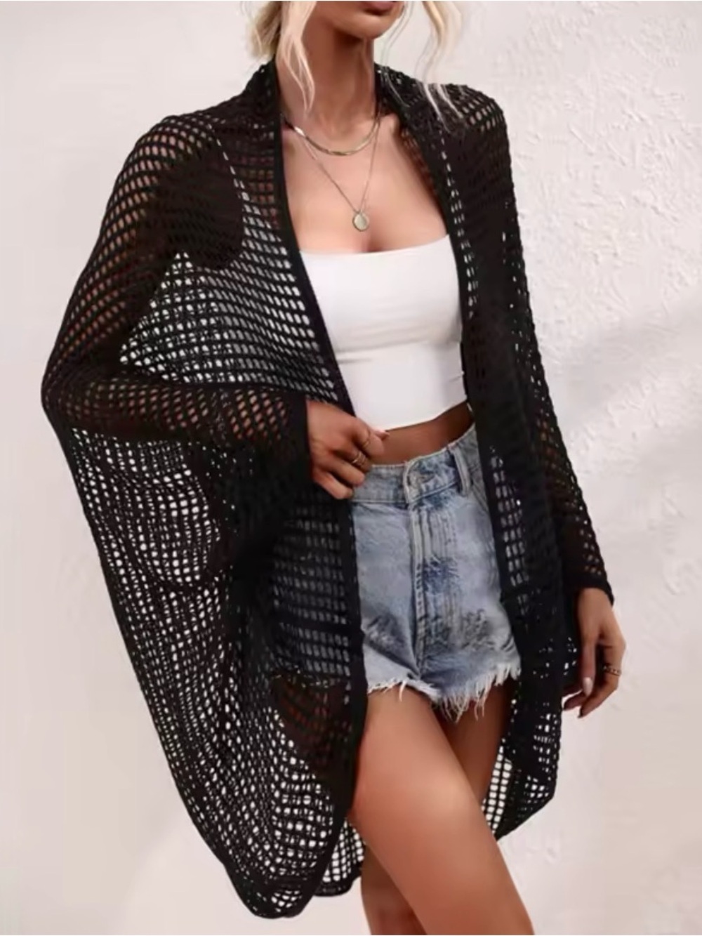 Black Open Weave Mesh 3/4 Cardigan Crochet knit